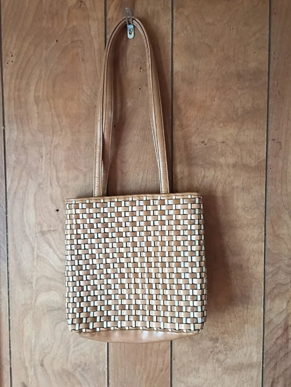 Nine West Woven Tote Bag Tan Beige Shoulder Purse Basket Weave Boho Y2K